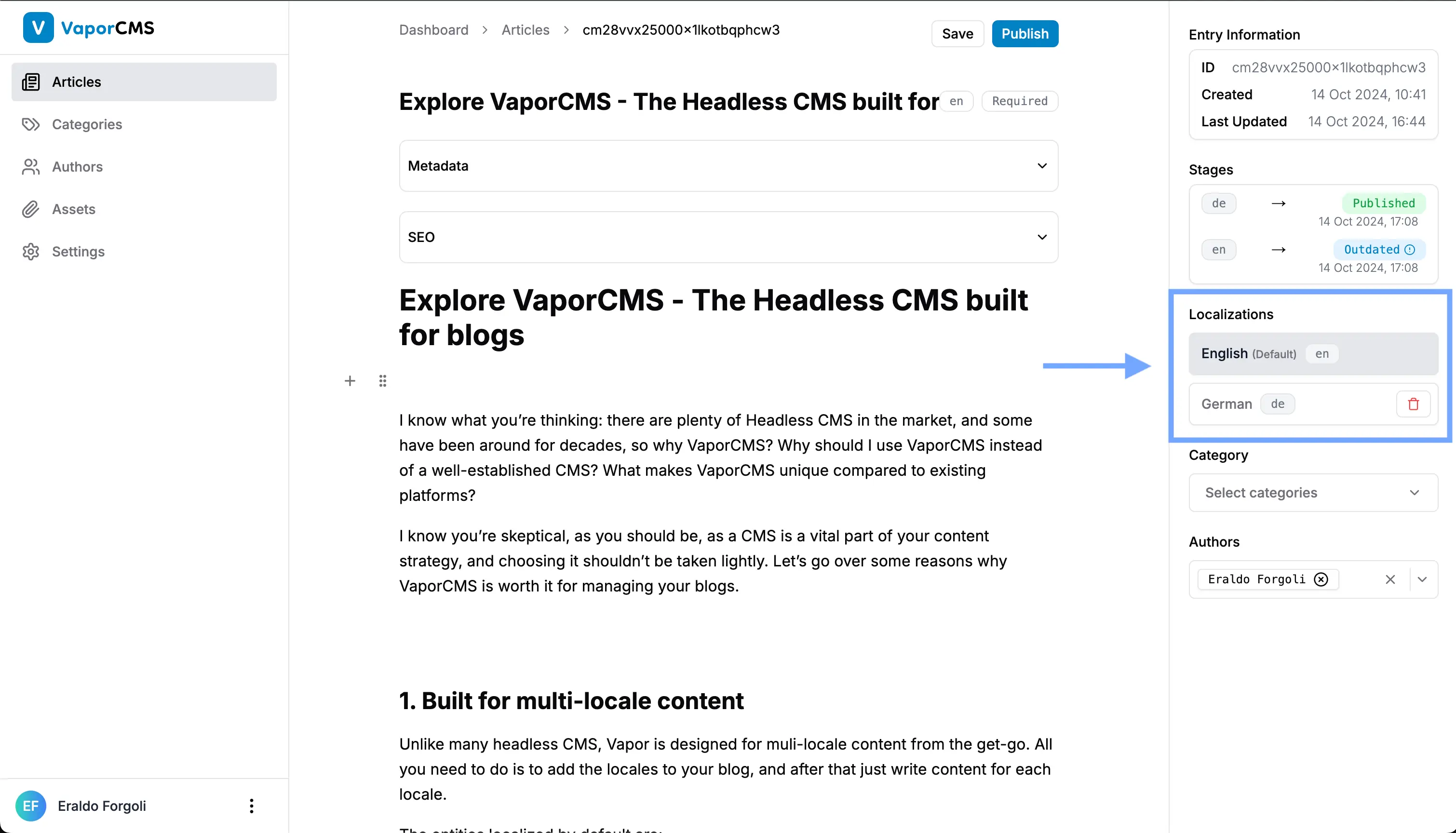 Illustration of the localization management in VaporCMS dashboard