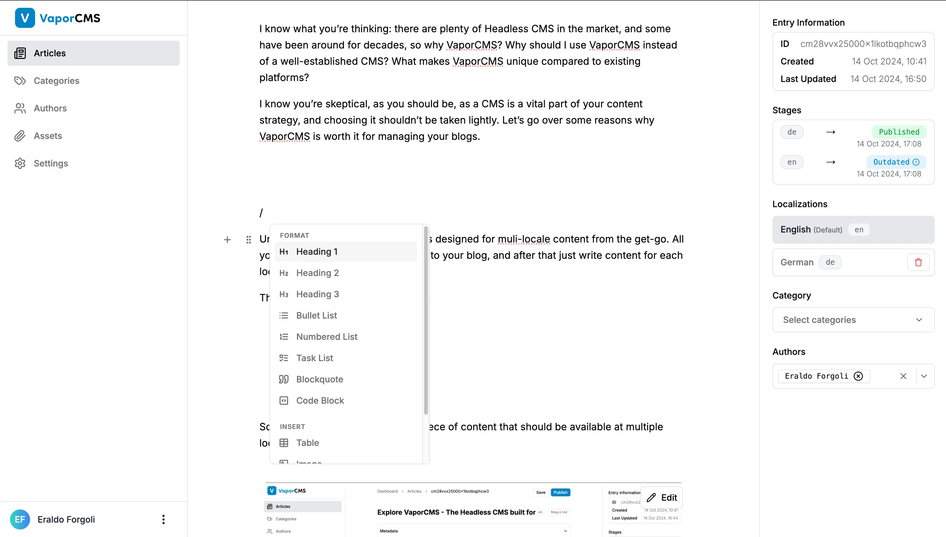 VaporCMS editor commands